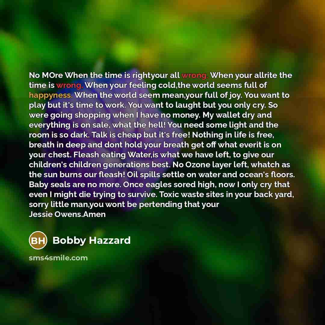“No MOre When the time is rightyour all wrong. When your allrite the time is wrong. When your feeling cold,the world seems full of happyness. When the world seem mean,your full of joy. You want to play but it's time to work. You want to laught but you only cry. So were going shopping when I have no…” quote by Bobby Hazzard