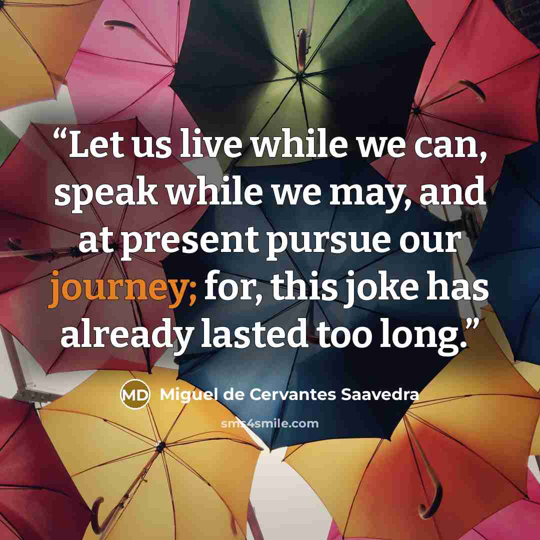 “Let us live while we can, speak while we may, and at present pursue our journey; for, this joke has already lasted too long.” quote by Miguel de Cervantes Saavedra