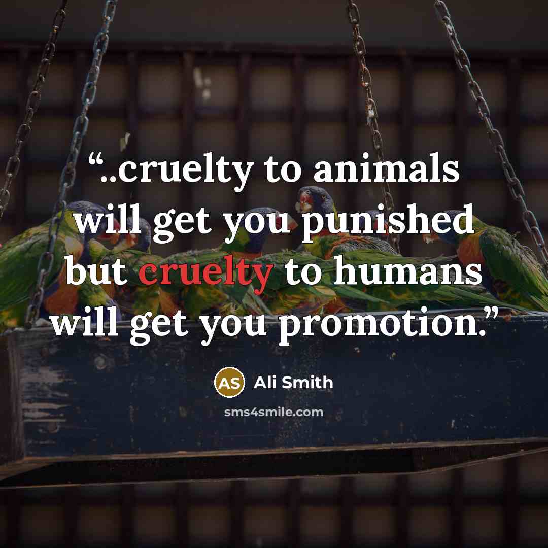 “..cruelty to animals will get you punished but cruelty to humans will get you promotion.” quote by Ali Smith