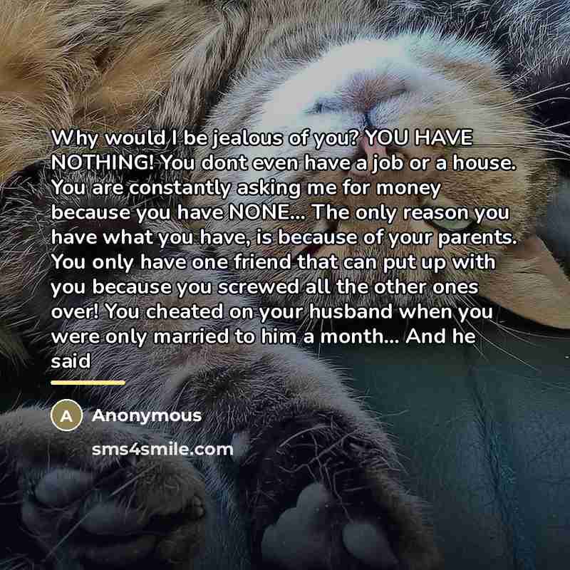 “Why would I be jealous of you? YOU HAVE NOTHING! You dont even have a job or a house. You are constantly asking me for money because you have NONE... The only reason you have what you have, is because of your parents. You only have one friend that can put up with you because you screwed all the…” quote by Anonymous