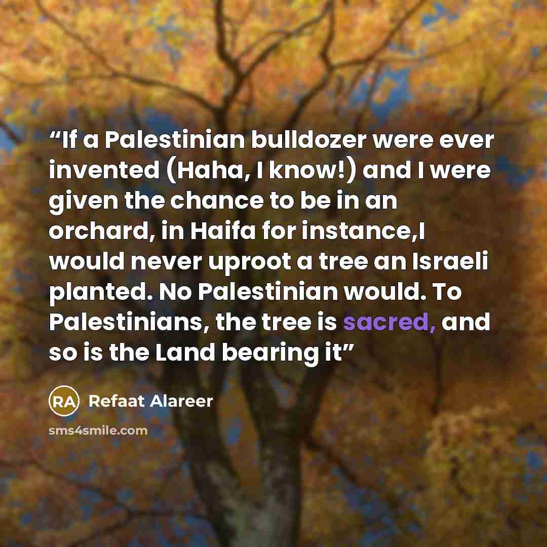 “If a Palestinian bulldozer were ever invented (Haha, I know!) and I were given the chance to be in an orchard, in Haifa for instance,I would never uproot a tree an Israeli planted. No Palestinian would. To Palestinians, the tree is sacred, and so is the Land bearing it” quote by Refaat Alareer