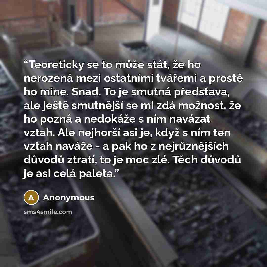 “Teoreticky se to může stát, že ho nerozená mezi ostatními tvářemi a prostě ho mine. Snad. To je smutná představa, ale ještě smutnější se mi zdá možnost, že ho pozná a nedokáže s ním navázat vztah. Ale nejhorší asi je, když s ním ten vztah naváže - a pak ho z nejrůznějších důvodů ztratí, to je moc…” quote by Anonymous