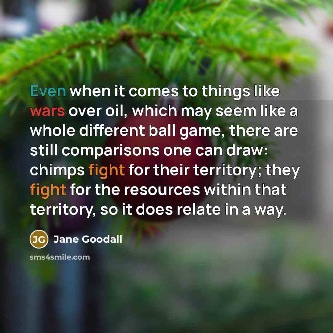 “Even when it comes to things like wars over oil, which may seem like a whole different ball game, there are still comparisons one can draw: chimps fight for their territory; they fight for the resources within that territory, so it does relate in a way.” quote by Jane Goodall