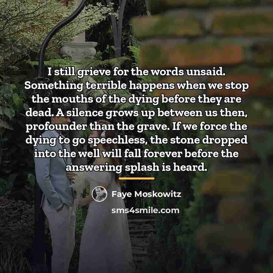 “I still grieve for the words unsaid. Something terrible happens…” quote by Faye Moskowitz