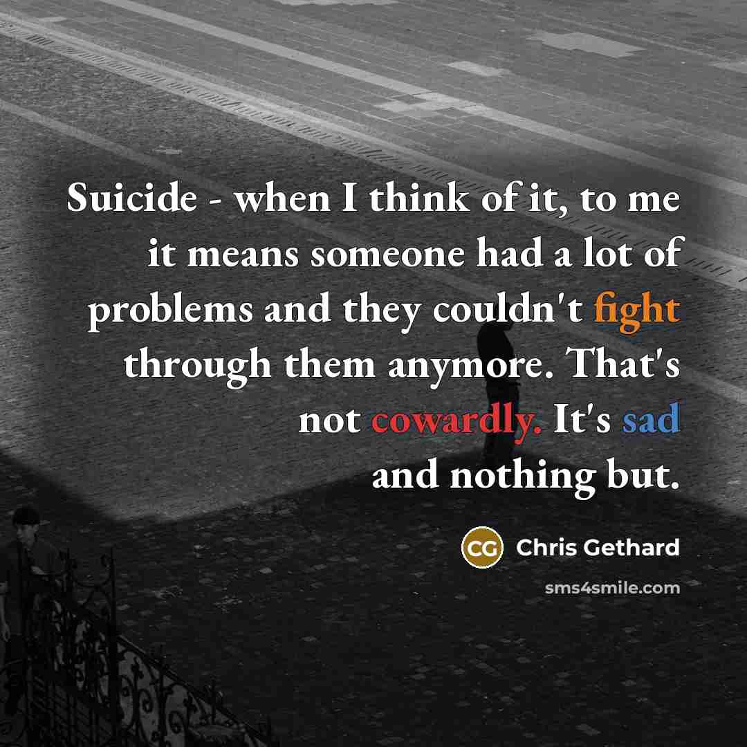 “Suicide - when I think of it, to me it means someone had a lot of problems and they couldn't fight through them anymore. That's not cowardly. It's sad and nothing but.” quote by Chris Gethard