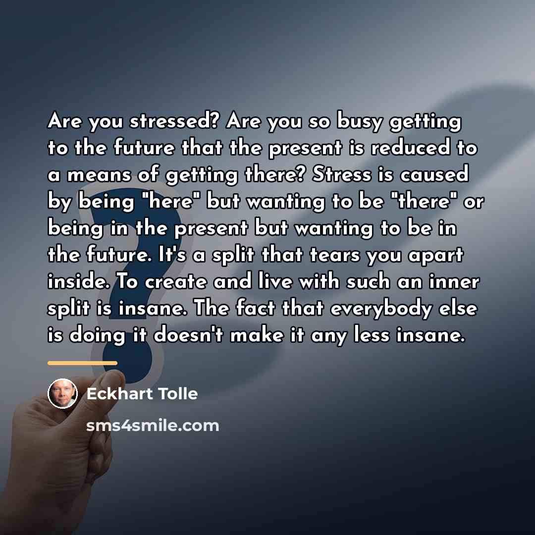 “Are you stressed? Are you so busy getting to the…” quote by Eckhart Tolle