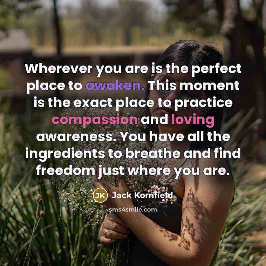 “Wherever you are is the perfect place to awaken. This moment is the exact place to practice compassion and loving awareness. You have all the ingredients to breathe and find freedom just where you are.” quote by Jack Kornfield