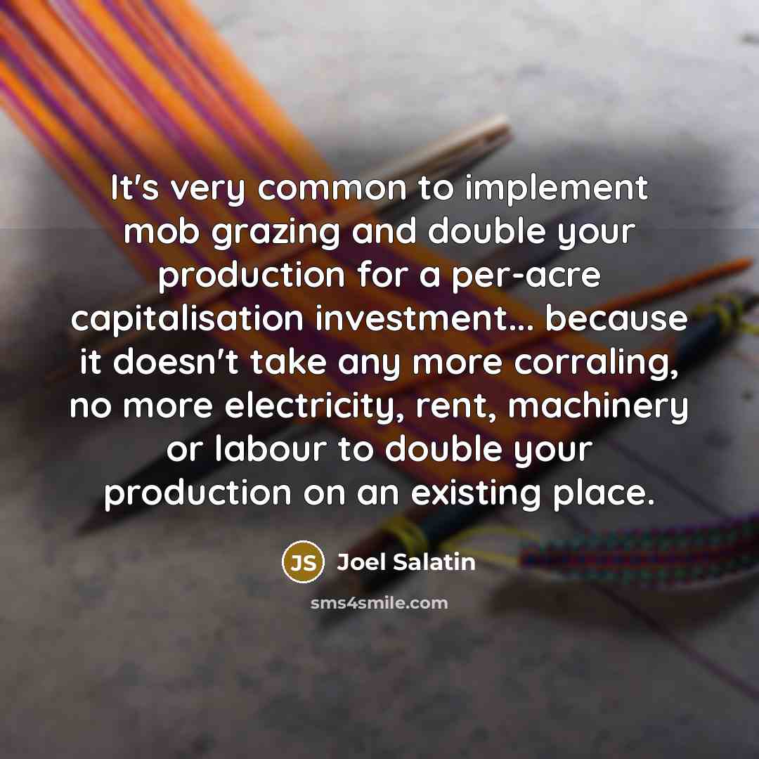 “It's very common to implement mob grazing and double your production for a per-acre capitalisation investment... because it doesn't take any more corraling, no more electricity, rent, machinery or labour to double your production on an existing place.” quote by Joel Salatin