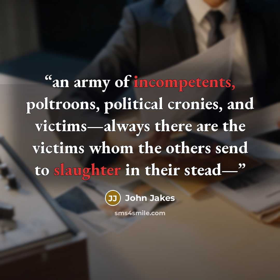 “an army of incompetents, poltroons, political cronies, and victims—always there are the victims whom the others send to slaughter in their stead—” quote by John Jakes