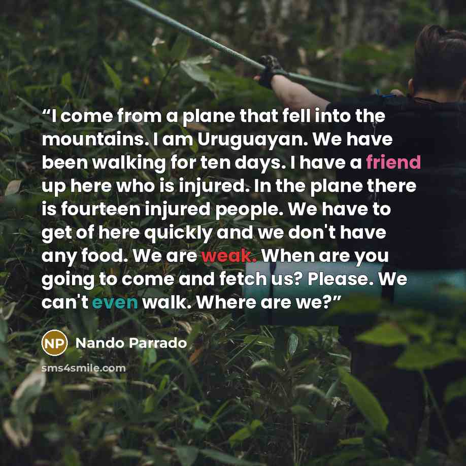 “I come from a plane that fell into the mountains. I am Uruguayan. We have been walking for ten days. I have a friend up here who is injured. In the plane there is fourteen injured people. We have to get of here quickly and we don't have any food. We are weak. When are you going to come and fetch…” quote by Nando Parrado