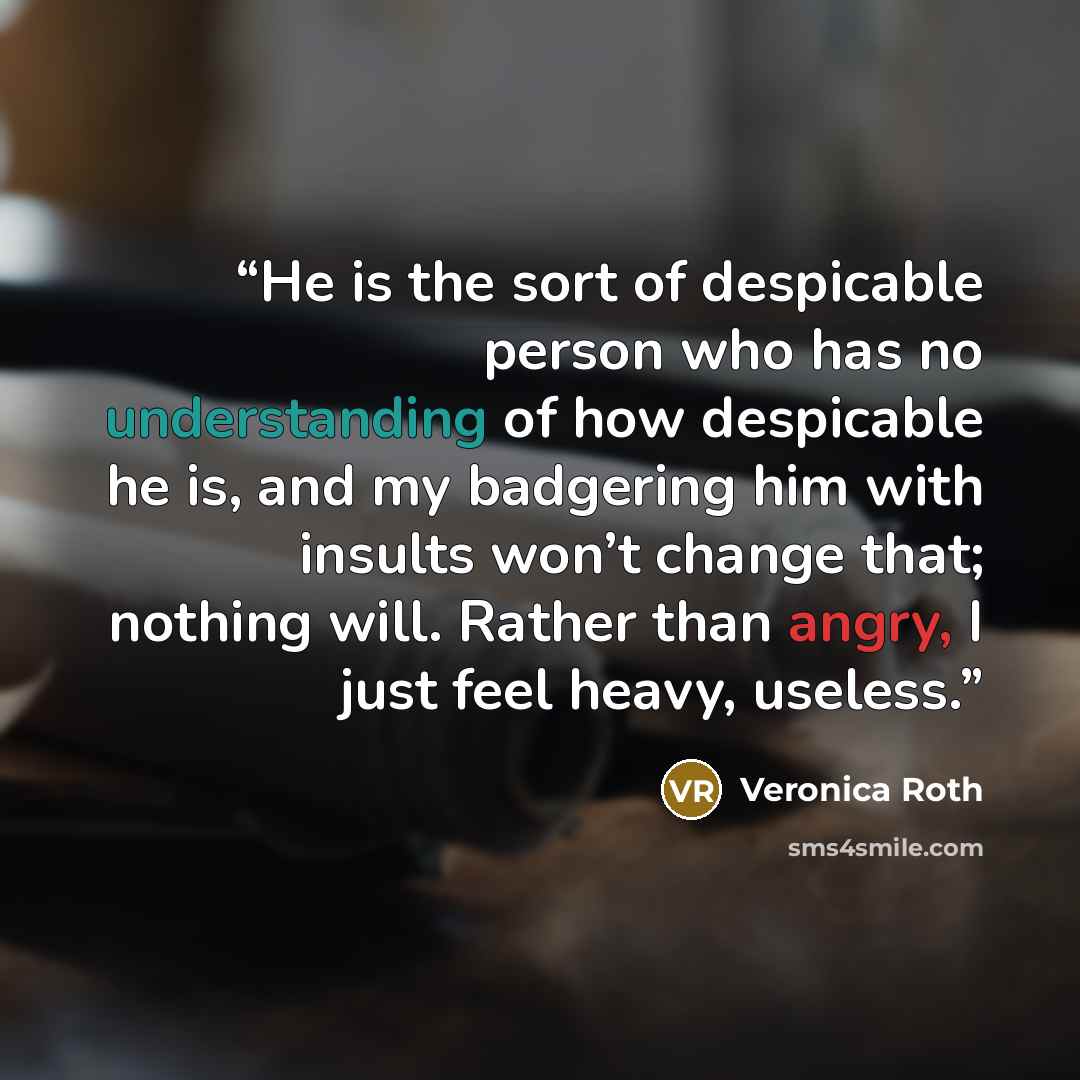 “He is the sort of despicable person who has no understanding of how despicable he is, and my badgering him with insults won’t change that; nothing will. Rather than angry, I just feel heavy, useless.” quote by Veronica Roth