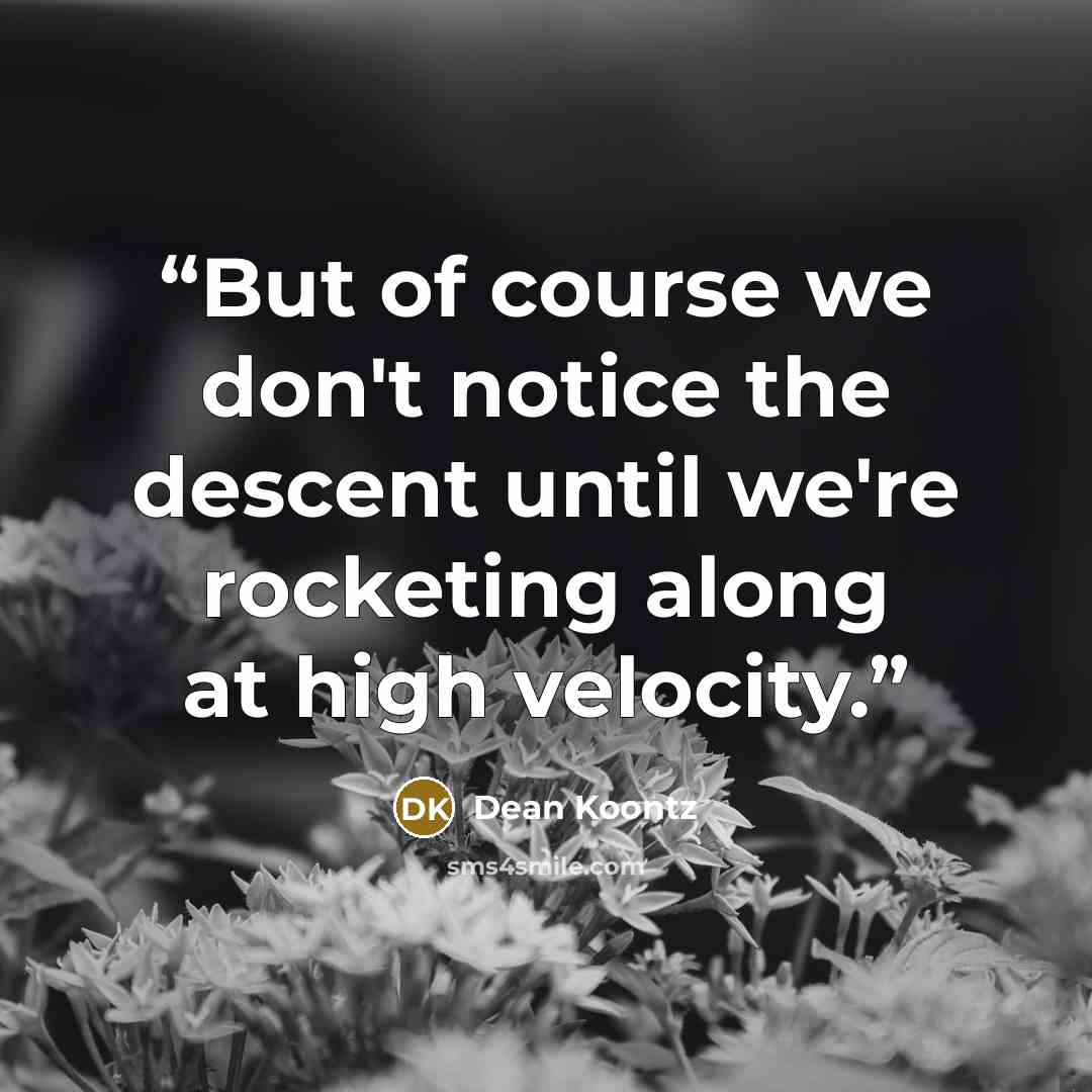 “But of course we don't notice the descent until we're rocketing along at high velocity.” quote by Dean Koontz
