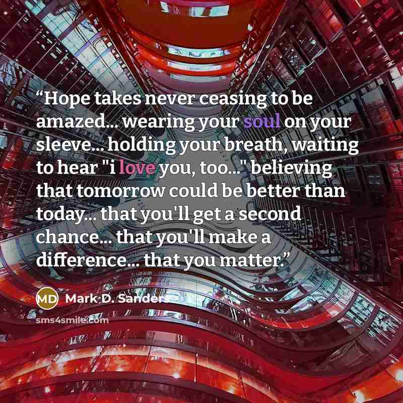 “Hope takes never ceasing to be amazed... wearing your soul on your sleeve... holding your breath, waiting to hear "i love you, too..." believing that tomorrow could be better than today... that you'll get a second chance... that you'll make a difference... that you matter.” quote by Mark D. Sanders