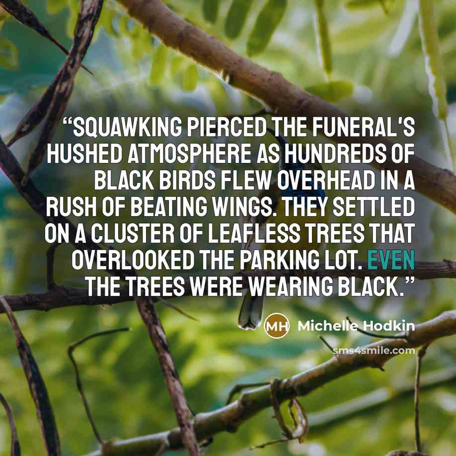 “Squawking pierced the funeral's hushed atmosphere as hundreds of black birds flew overhead in a rush of beating wings. They settled on a cluster of leafless trees that overlooked the parking lot. Even the trees were wearing black.” quote by Michelle Hodkin