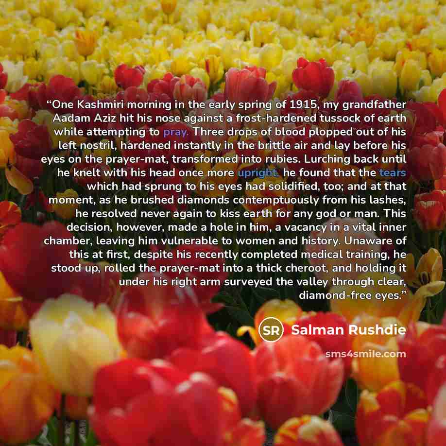 “One Kashmiri morning in the early spring of 1915, my grandfather Aadam Aziz hit his nose against a frost-hardened tussock of earth while attempting to pray. Three drops of blood plopped out of his left nostril, hardened instantly in the brittle air and lay before his eyes on the prayer-mat…” quote by Salman Rushdie