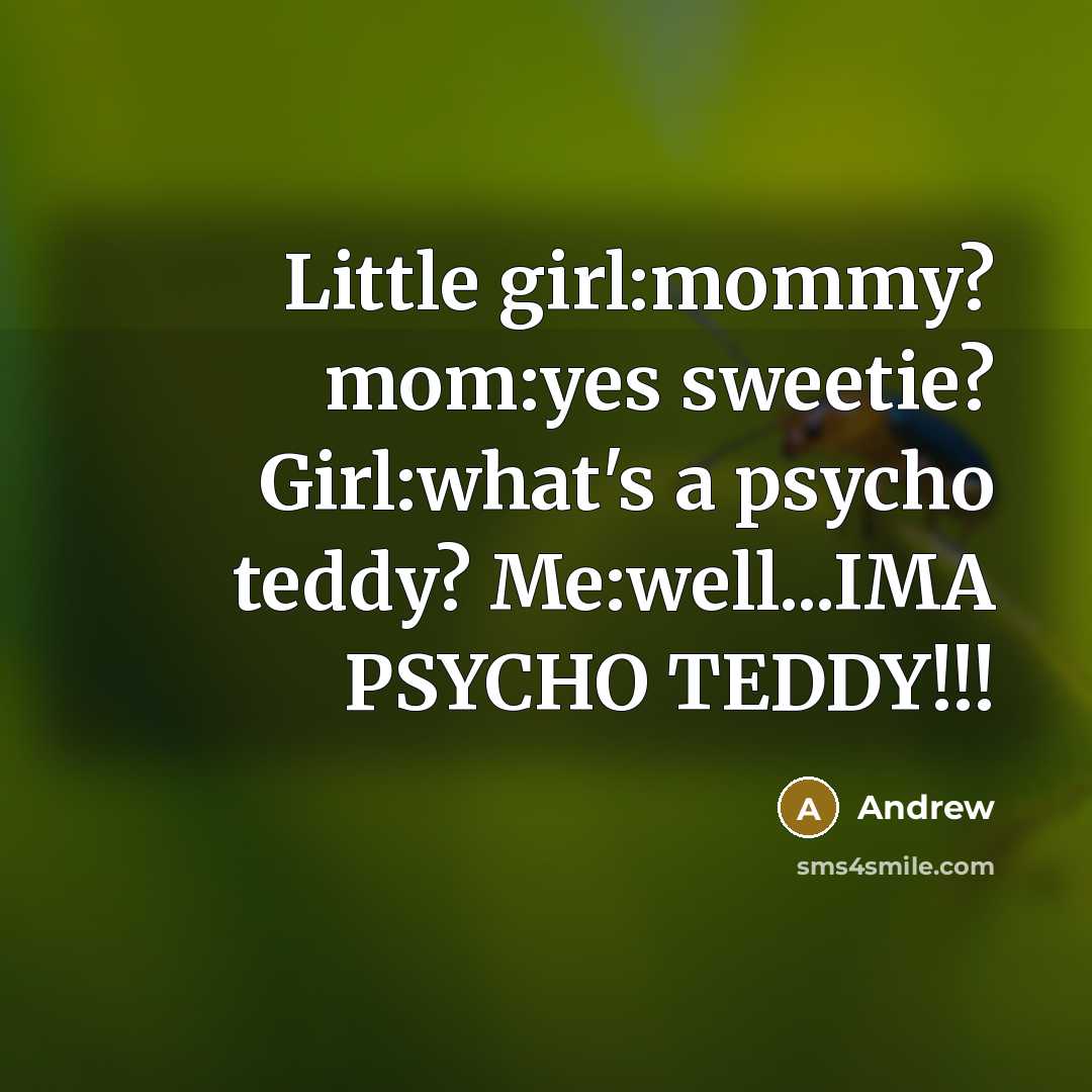 “Little girl:mommy? mom:yes sweetie? Girl:what's a psycho teddy? Me:well...IMA PSYCHO…” quote by Andrew