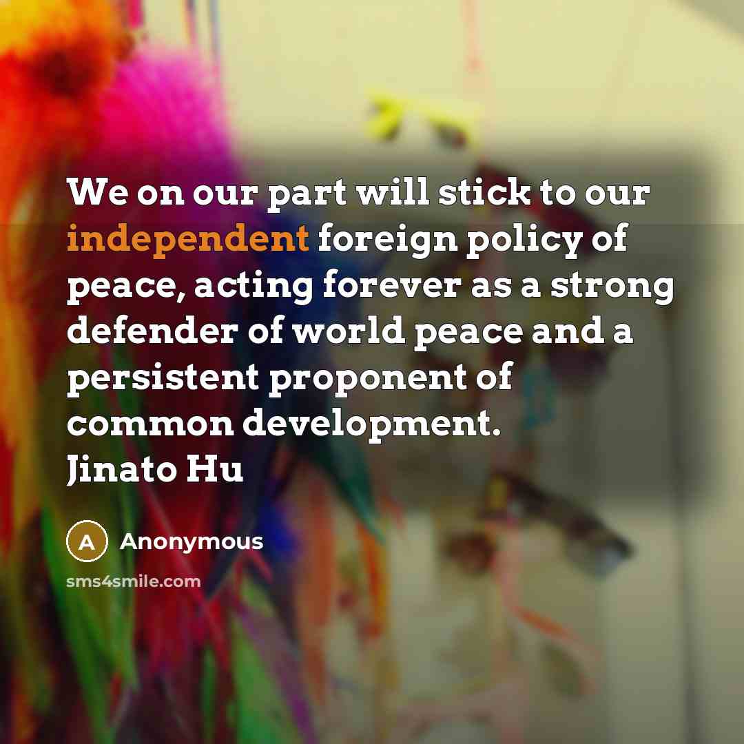 “We on our part will stick to our independent foreign policy of peace, acting forever as a strong defender of world peace and a persistent proponent of common development. Jinato Hu” quote by Anonymous