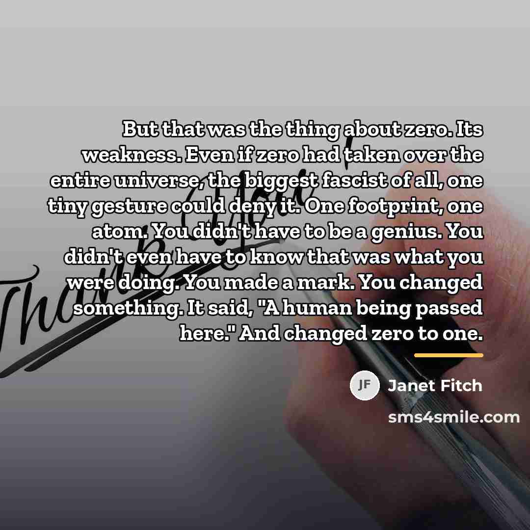 “But that was the thing about zero. Its weakness. Even…” quote by Janet Fitch