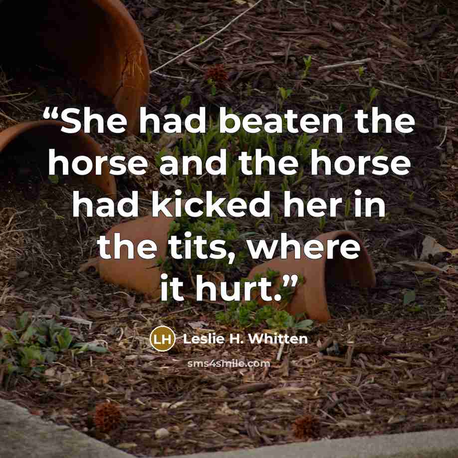 “She had beaten the horse and the horse had kicked her in the tits, where it hurt.” quote by Leslie H. Whitten