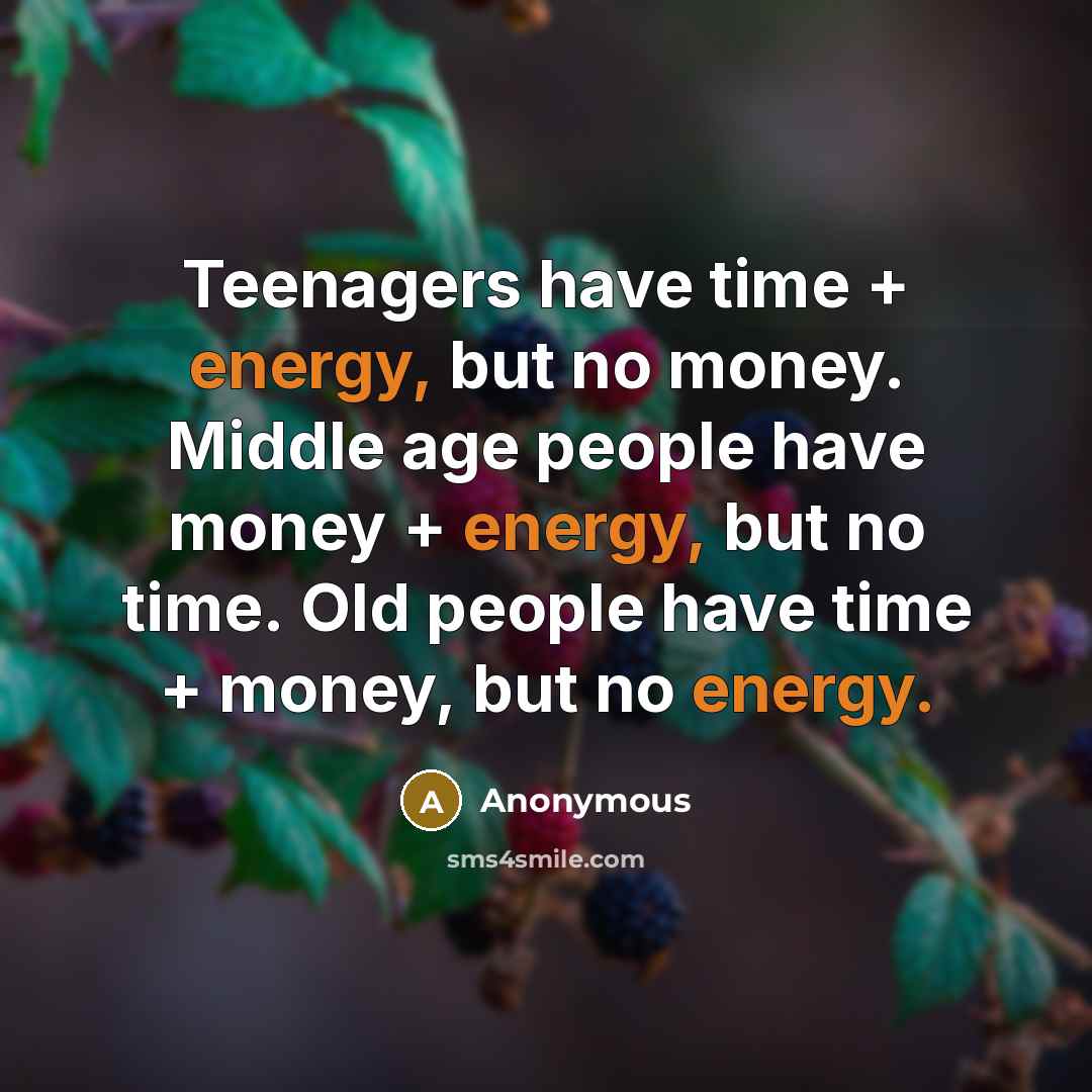 “Teenagers have time + energy, but no money. Middle age…” quote by Anonymous