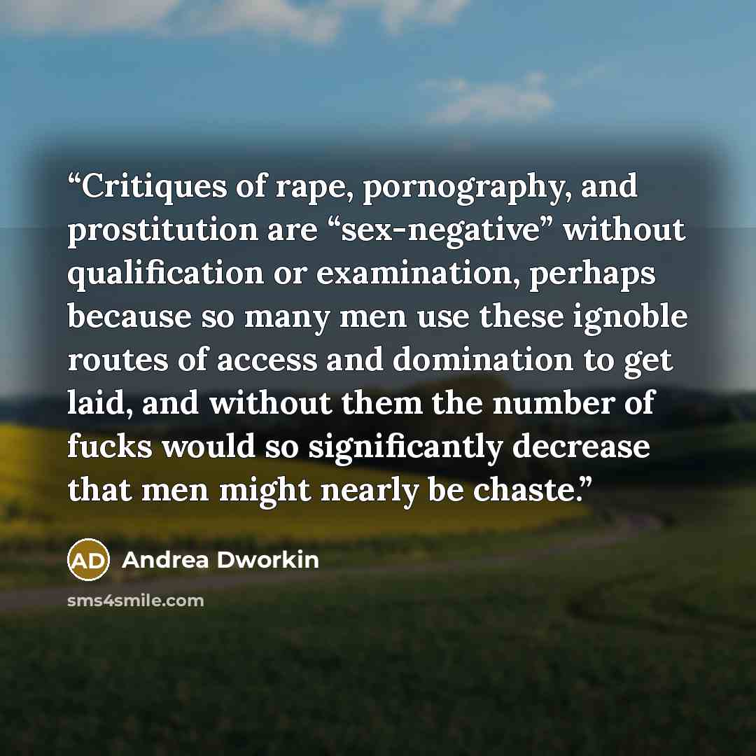 “Critiques of rape, pornography, and prostitution are “sex-negative” without qualification or examination, perhaps because so many men use these ignoble routes of access and domination to get laid, and without them the number of fucks would so significantly decrease that men might nearly be chaste.” quote by Andrea Dworkin