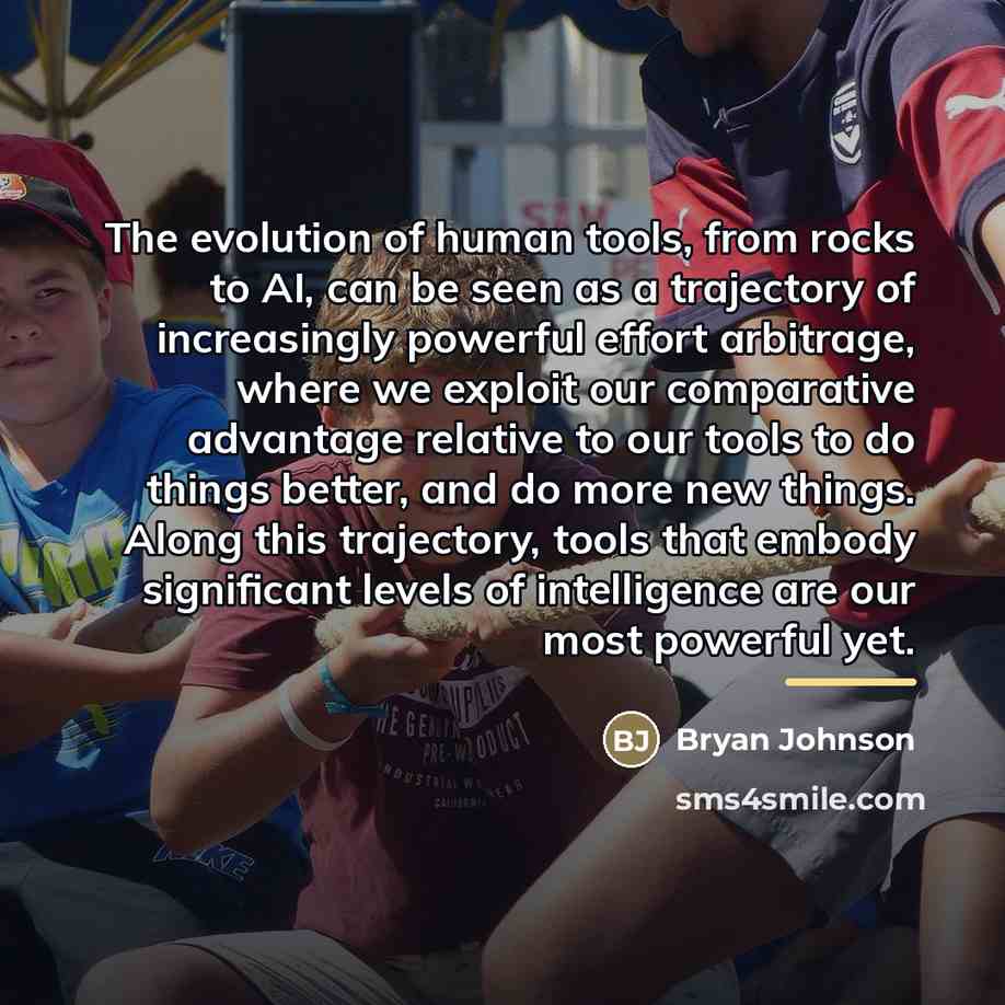 “The evolution of human tools, from rocks to AI, can…” quote by Bryan Johnson