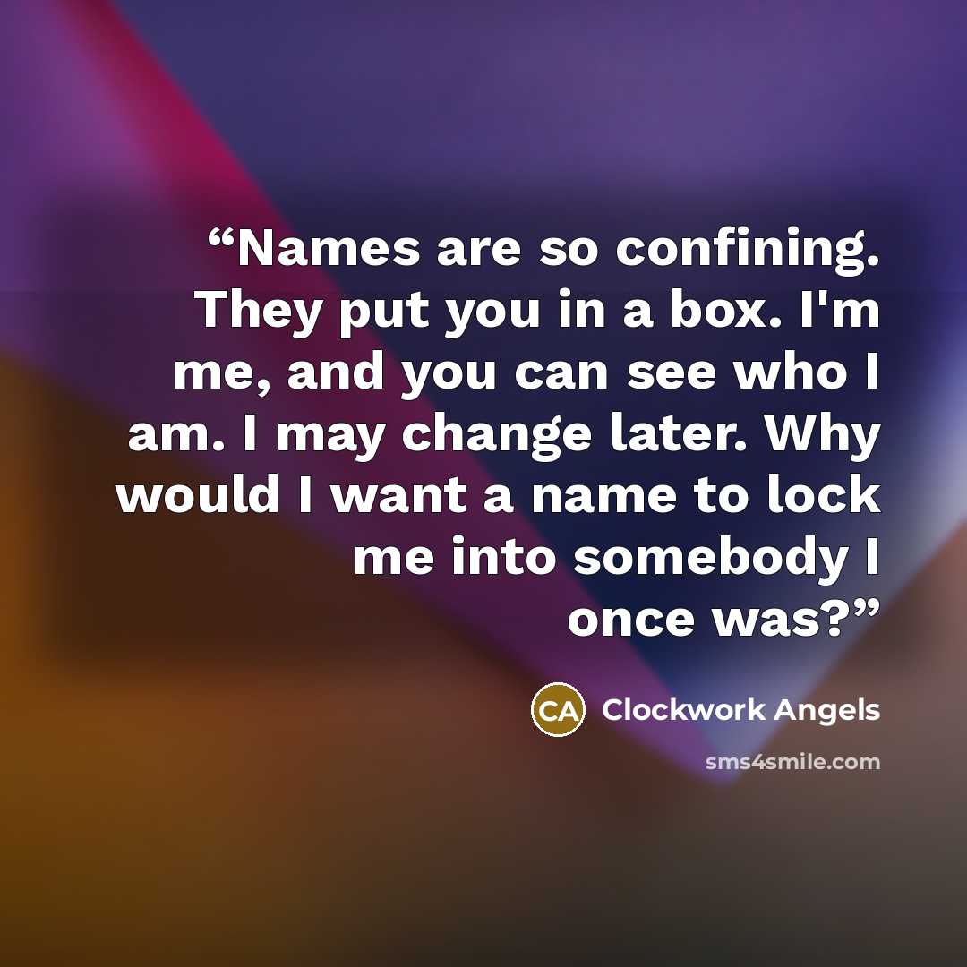 “Names are so confining. They put you in a box. I'm me, and you can see who I am. I may change later. Why would I want a name to lock me into somebody I once was?” quote by Clockwork Angels