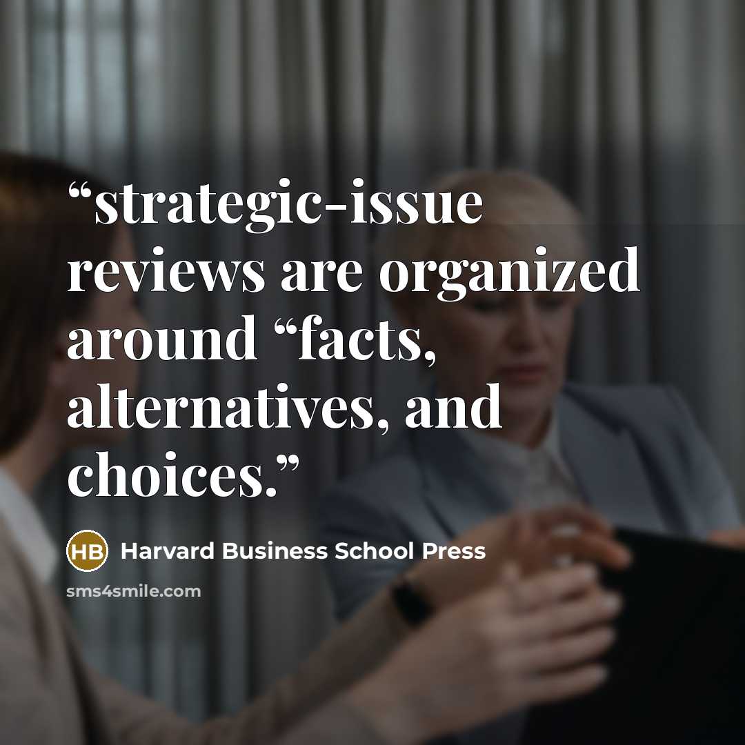“strategic-issue reviews are organized around “facts, alternatives, and choices.” quote by Harvard Business School Press