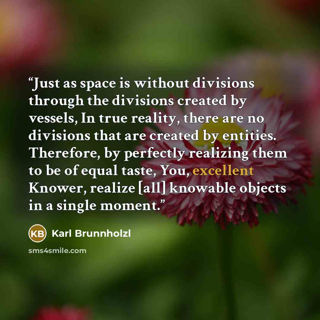 “Just as space is without divisions through the divisions created by vessels, In true reality, there are no divisions that are created by entities. Therefore, by perfectly realizing them to be of equal taste, You, excellent Knower, realize [all] knowable objects in a single moment.” quote by Karl Brunnholzl