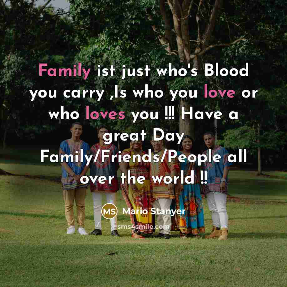 “Family ist just who's Blood you carry ,Is who you love or who loves you !!! Have a great Day Family/Friends/People all over the world !!” quote by Mario Stanyer