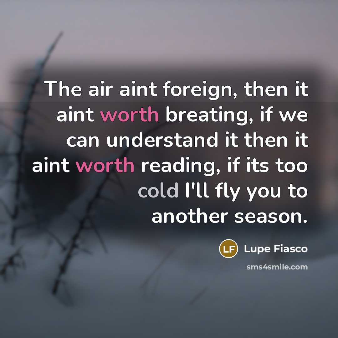 “The air aint foreign, then it aint worth breating, if we can understand it then it aint worth reading, if its too cold I'll fly you to another season.” quote by Lupe Fiasco