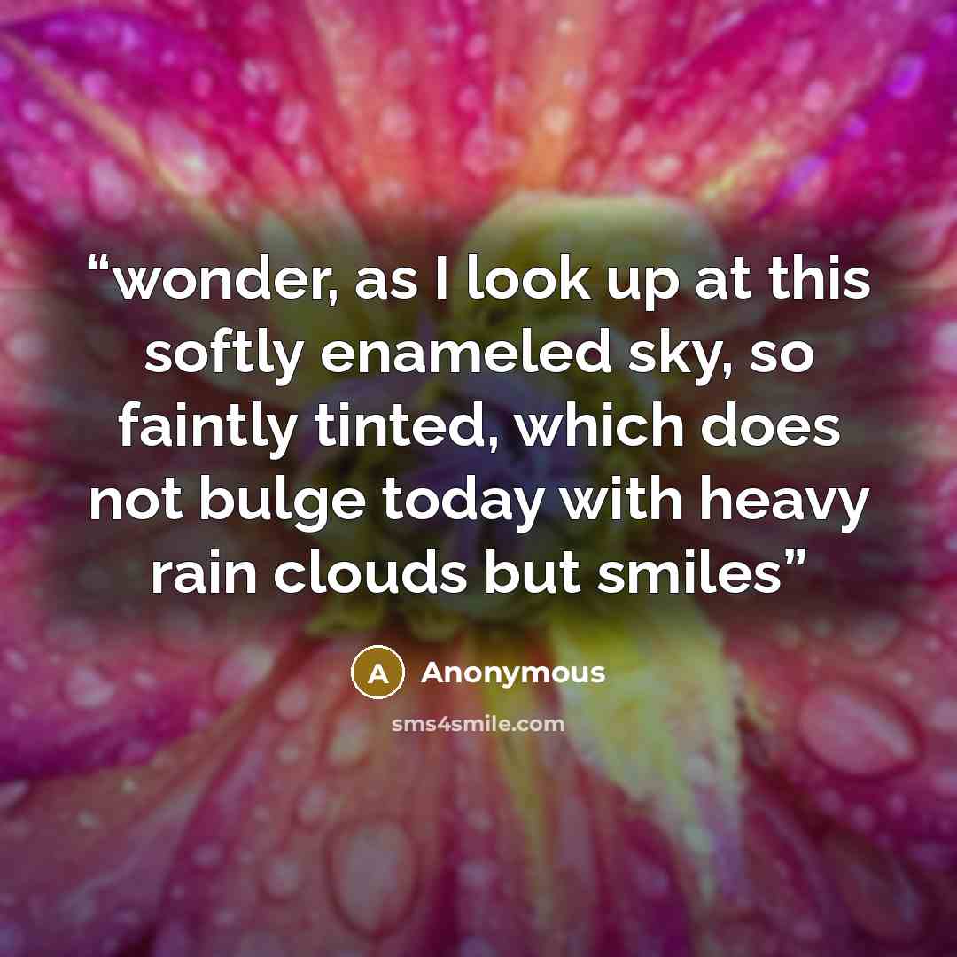 “wonder, as I look up at this softly enameled sky, so faintly tinted, which does not bulge today with heavy rain clouds but smiles” quote by Anonymous