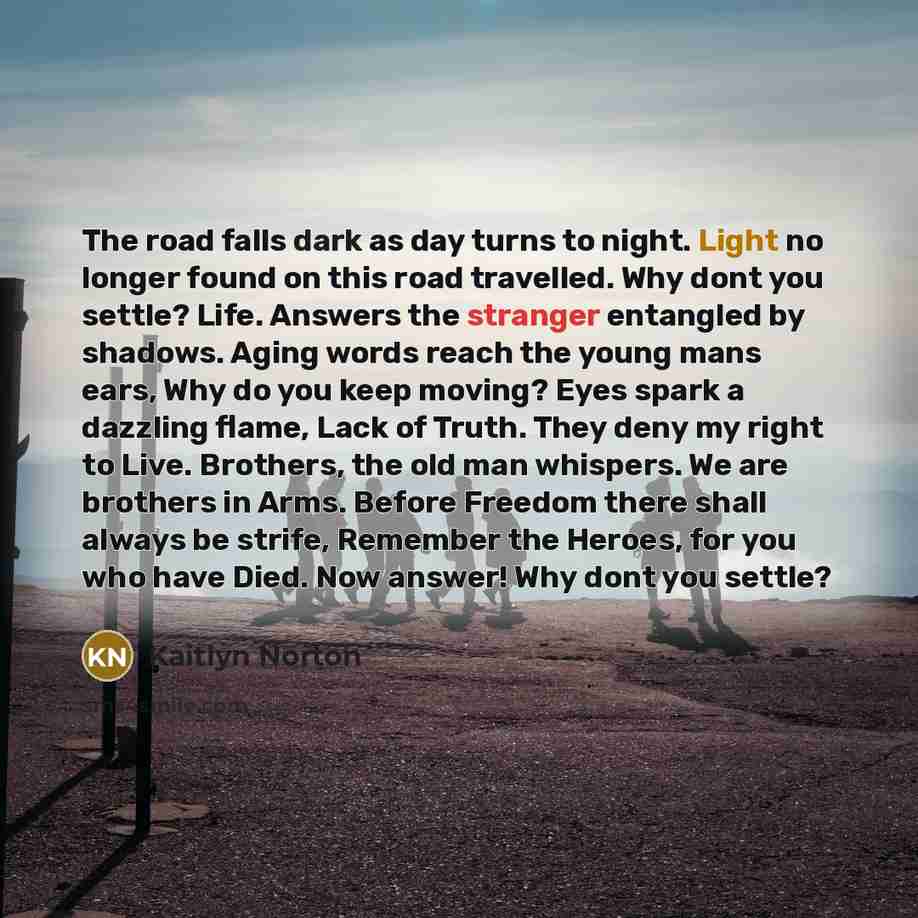 “The road falls dark as day turns to night. Light…” quote by Kaitlyn Norton