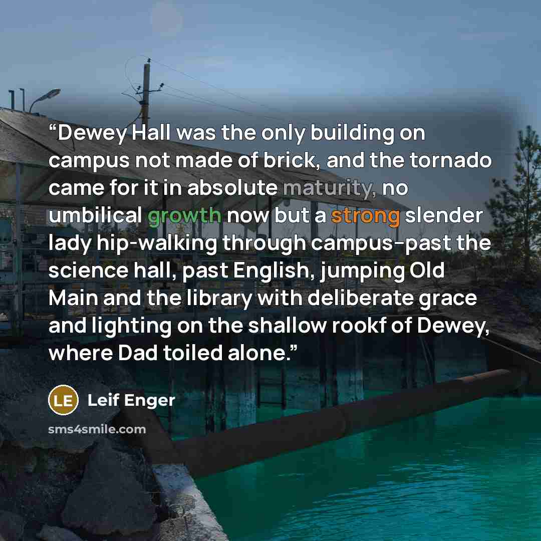 “Dewey Hall was the only building on campus not made of brick, and the tornado came for it in absolute maturity, no umbilical growth now but a strong slender lady hip-walking through campus--past the science hall, past English, jumping Old Main and the library with deliberate grace and lighting on…” quote by Leif Enger