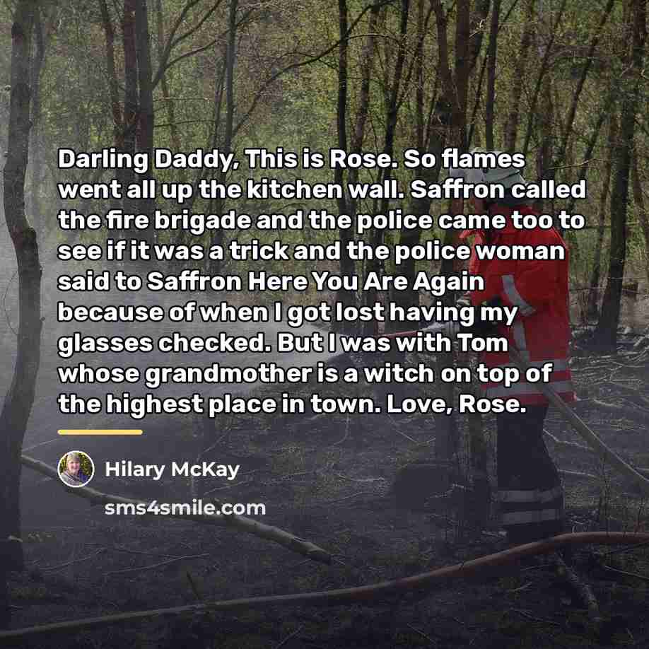 “Darling Daddy, This is Rose. So flames went all up…” quote by Hilary McKay
