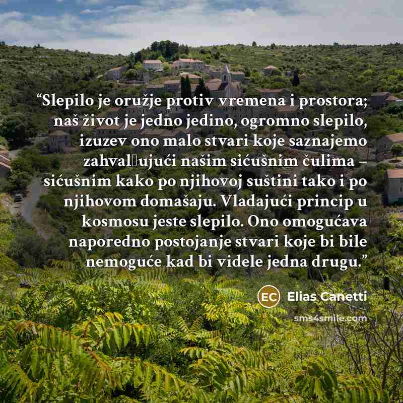 “Slepilo je oružje protiv vremena i prostora; naš život je jedno jedino, ogromno slepilo, izuzev ono malo stvari koje saznajemo zahvalјujući našim sićušnim čulima – sićušnim kako po njihovoj suštini tako i po njihovom domašaju. Vladajući princip u kosmosu jeste slepilo. Ono omogućava naporedno…” quote by Elias Canetti