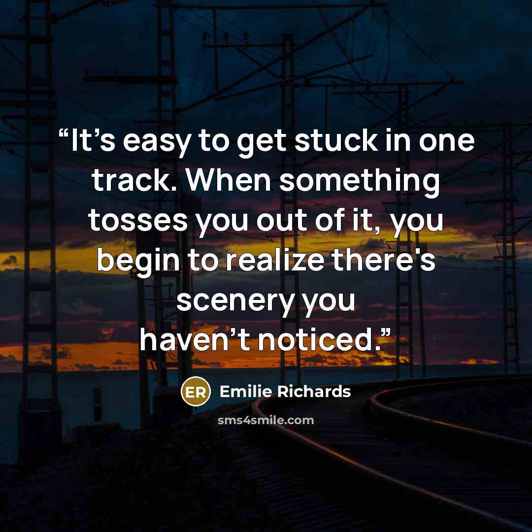 “It's easy to get stuck in one track. When something tosses you out of it, you begin to realize there's scenery you haven't noticed.” quote by Emilie Richards