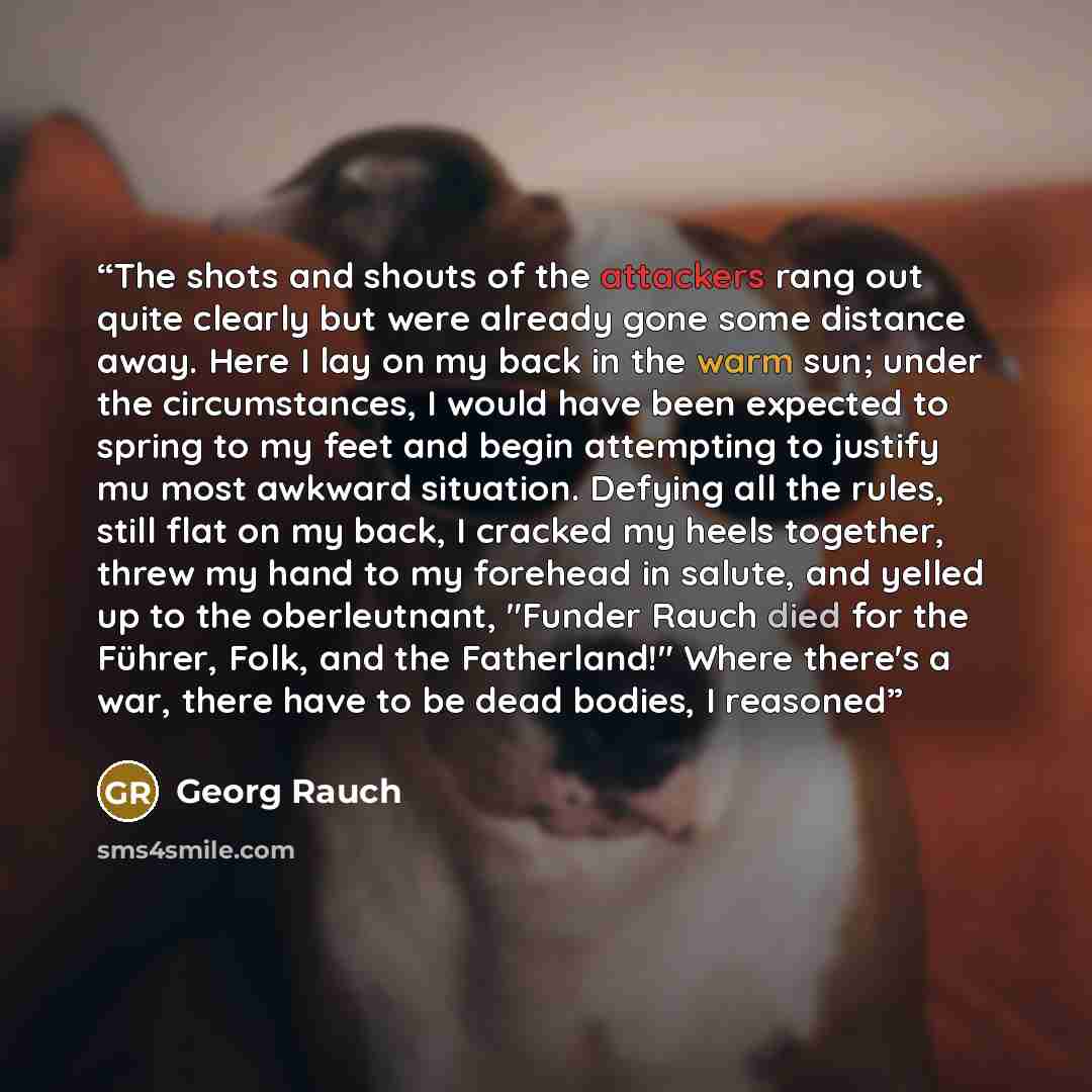 “The shots and shouts of the attackers rang out quite clearly but were already gone some distance away. Here I lay on my back in the warm sun; under the circumstances, I would have been expected to spring to my feet and begin attempting to justify mu most awkward situation. Defying all the rules…” quote by Georg Rauch