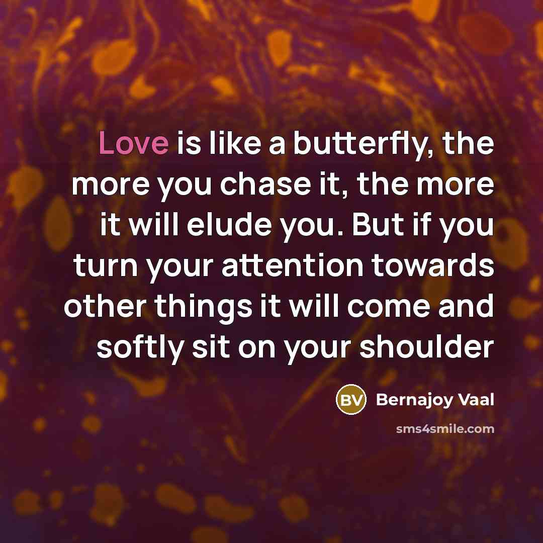 “Love is like a butterfly, the more you chase it, the more it will elude you. But if you turn your attention towards other things it will come and softly sit on your shoulder” quote by Bernajoy Vaal