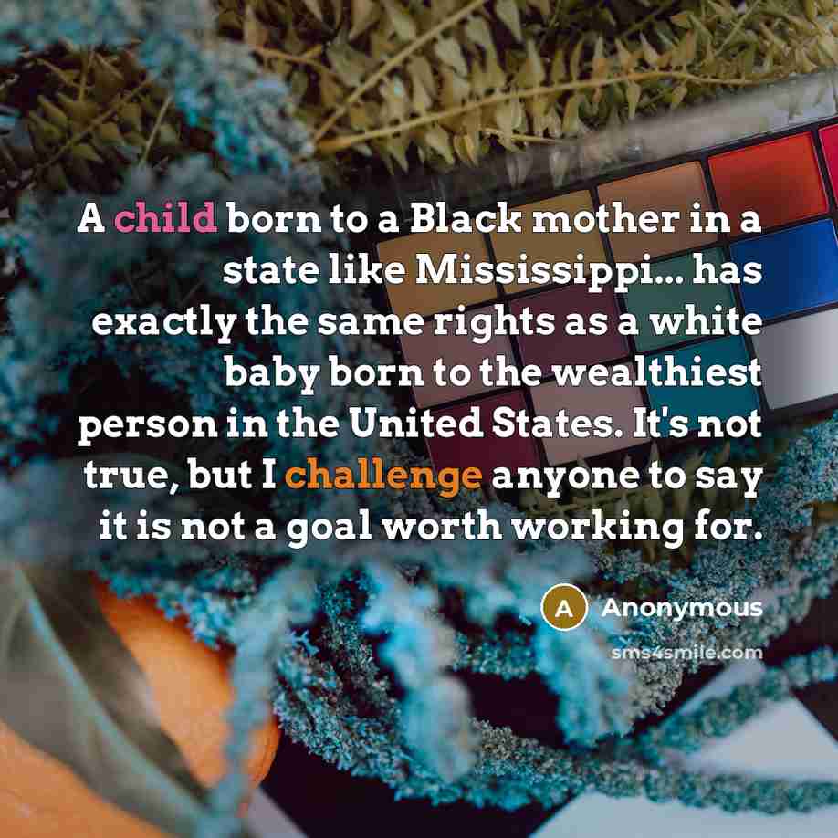 “A child born to a Black mother in a state like Mississippi... has exactly the same rights as a white baby born to the wealthiest person in the United States. It's not true, but I challenge anyone to say it is not a goal worth working for.” quote by Anonymous