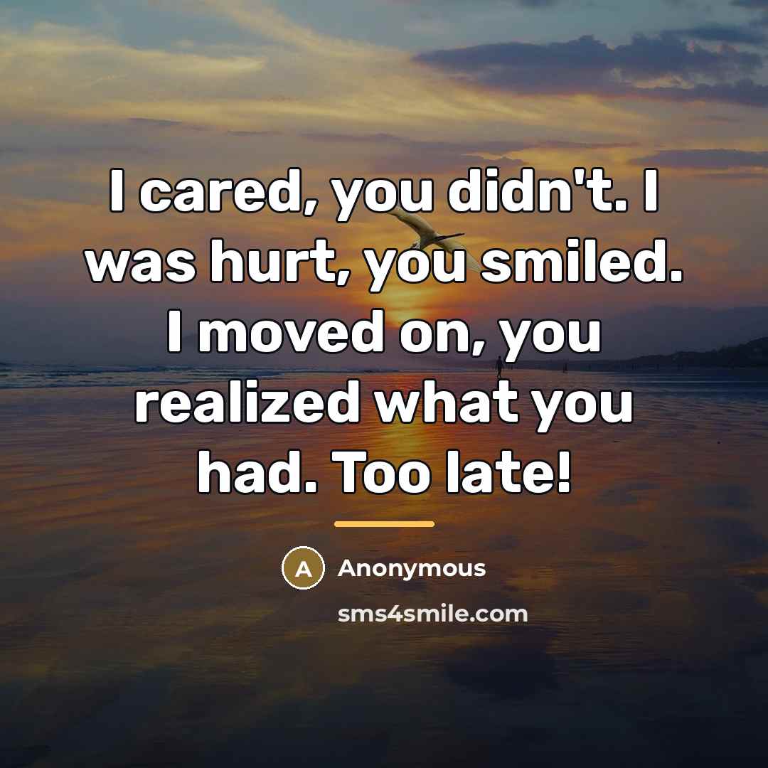 “I cared, you didn't. I was hurt, you smiled. I…” quote by Anonymous