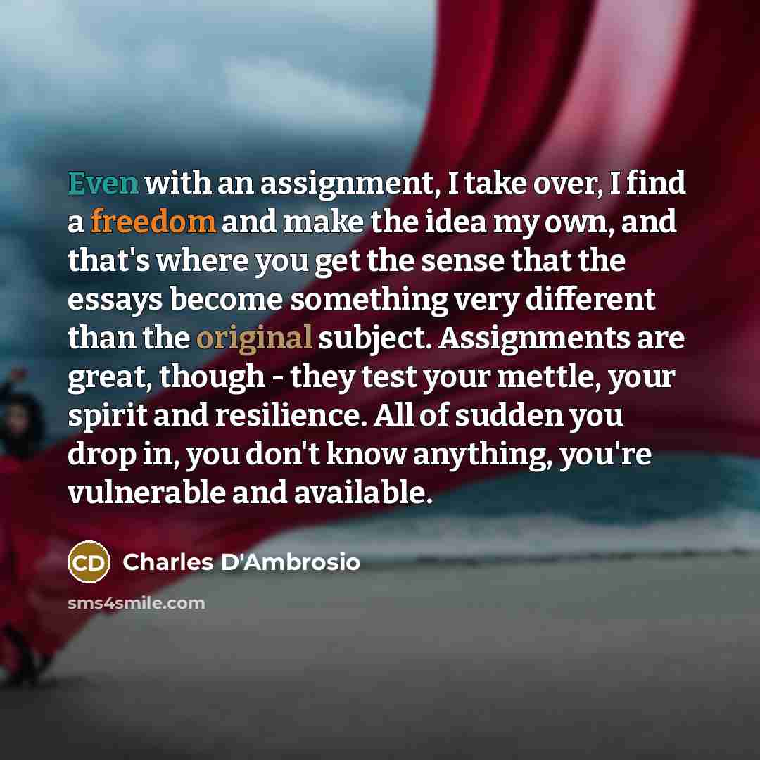 “Even with an assignment, I take over, I find a freedom and make the idea my own, and that's where you get the sense that the essays become something very different than the original subject. Assignments are great, though - they test your mettle, your spirit and resilience. All of sudden you drop…” quote by Charles D'Ambrosio
