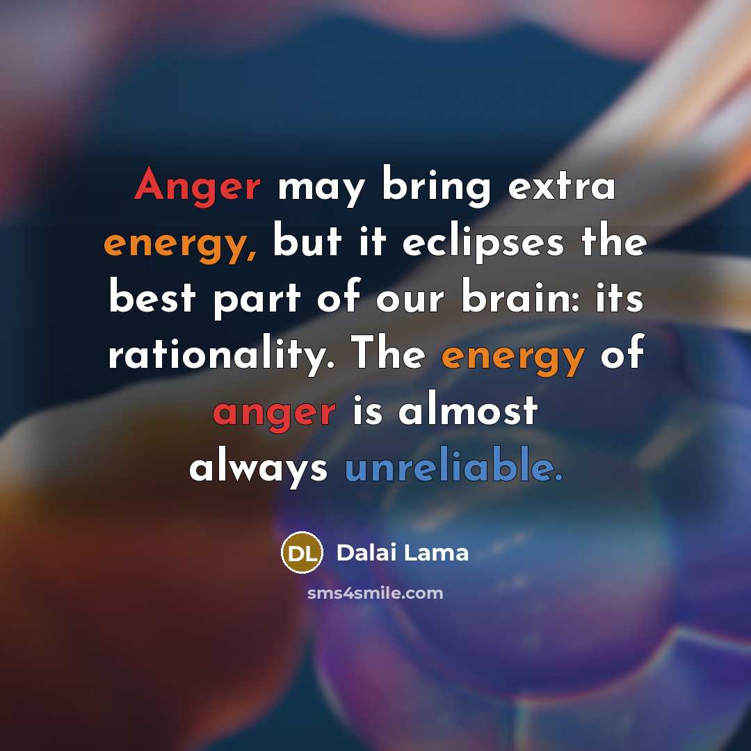 “Anger may bring extra energy, but it eclipses the best part of our brain: its rationality. The energy of anger is almost always unreliable.” quote by Dalai Lama