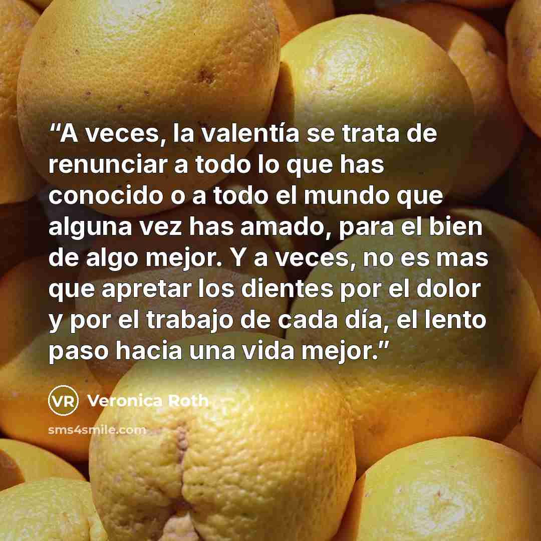 “A veces, la valentía se trata de renunciar a todo lo que has conocido o a todo el mundo que alguna vez has amado, para el bien de algo mejor. Y a veces, no es mas que apretar los dientes por el dolor y por el trabajo de cada día, el lento paso hacia una vida mejor.” quote by Veronica Roth