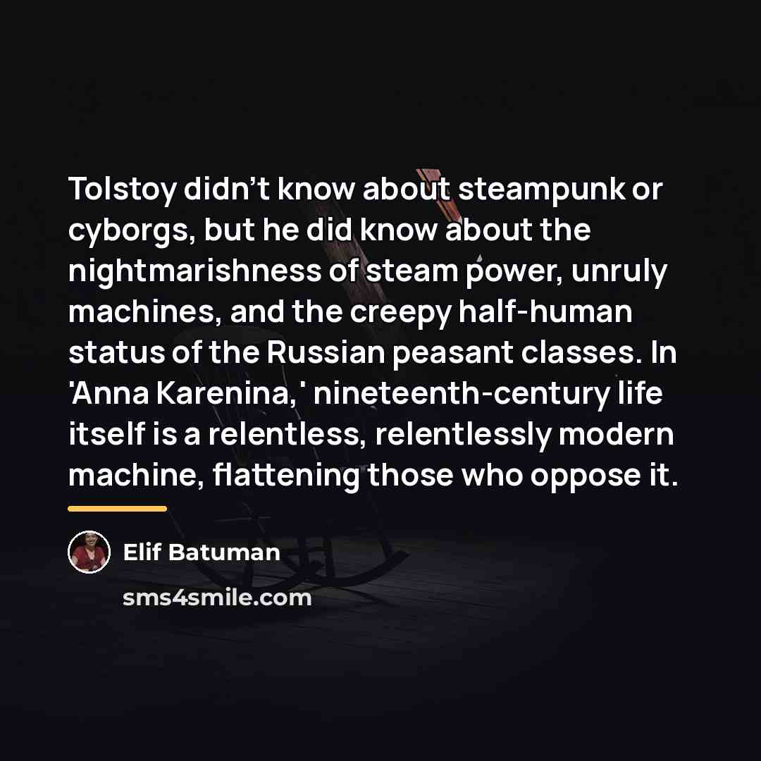 “Tolstoy didn't know about steampunk or cyborgs, but he did…” quote by Elif Batuman
