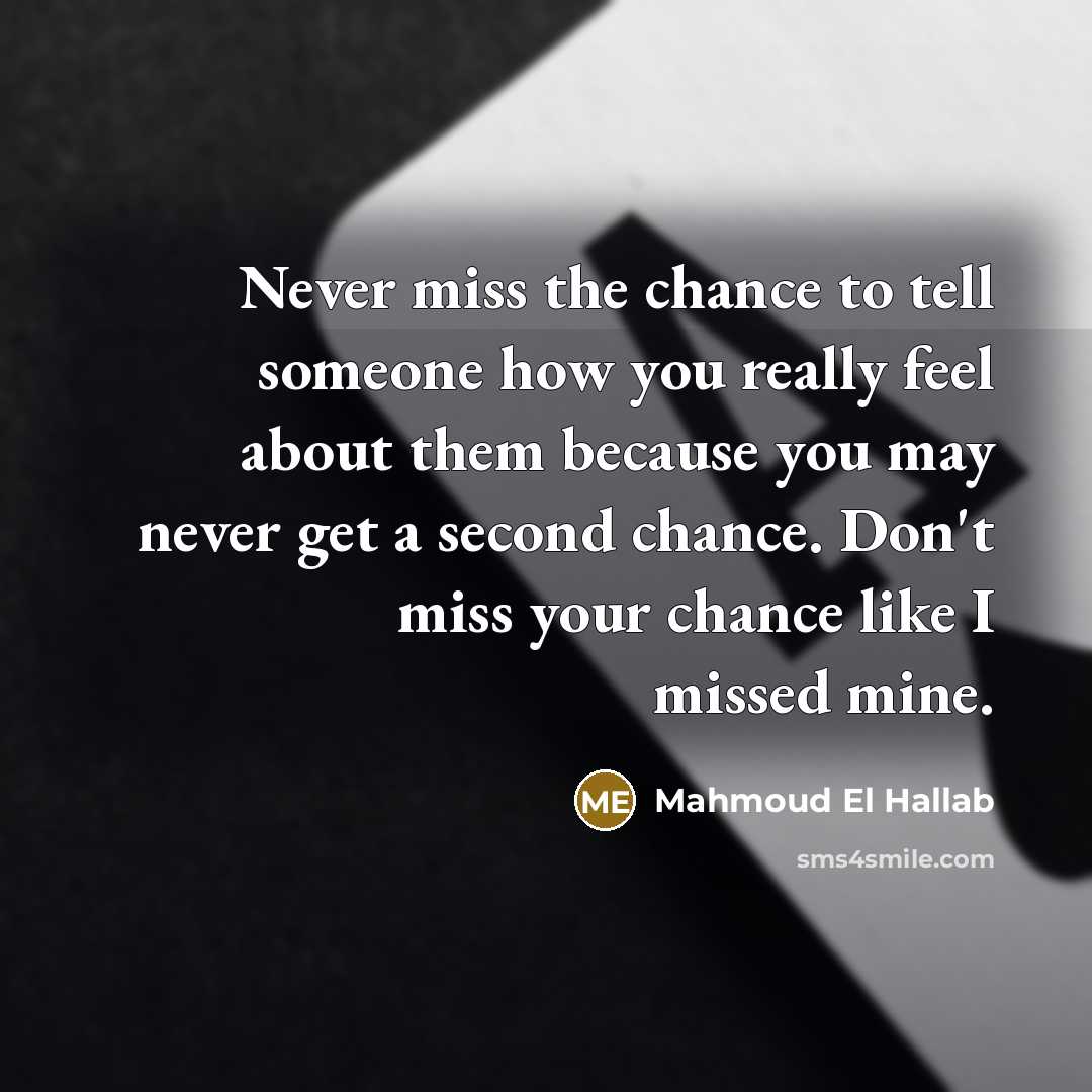 “Never miss the chance to tell someone how you really feel about them because you may never get a second chance. Don't miss your chance like I missed mine.” quote by Mahmoud El Hallab