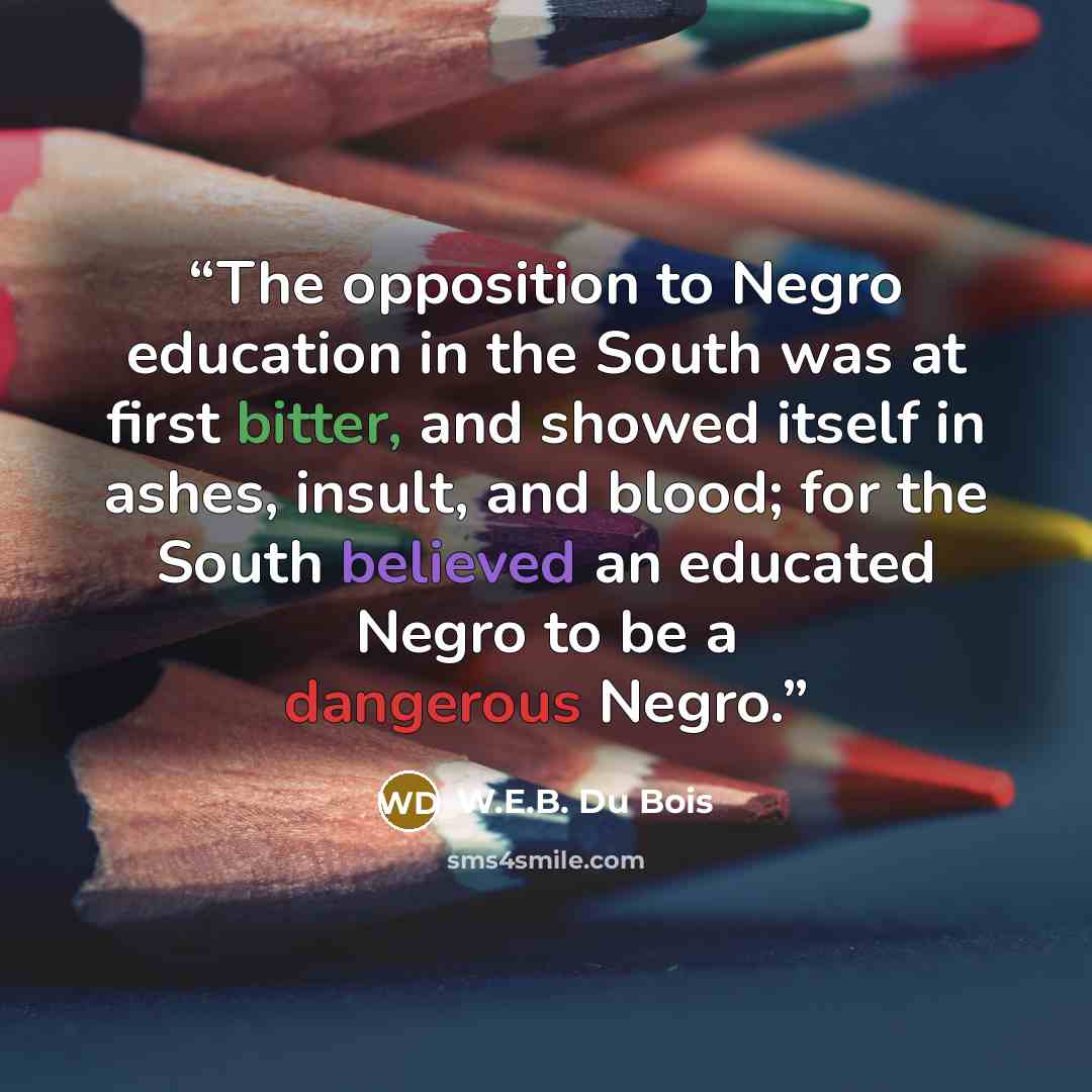 “The opposition to Negro education in the South was at first bitter, and showed itself in ashes, insult, and blood; for the South believed an educated Negro to be a dangerous Negro.” quote by W.E.B. Du Bois