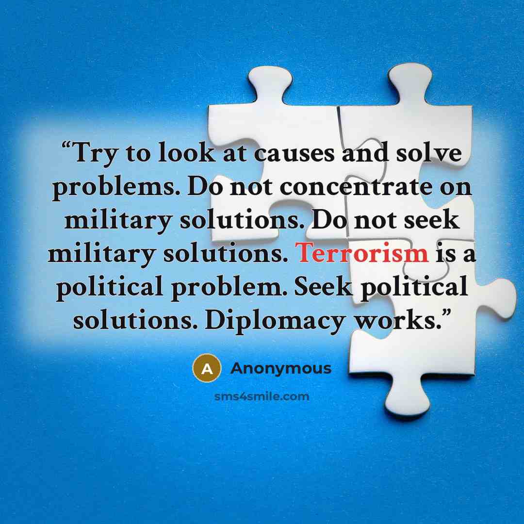 “Try to look at causes and solve problems. Do not concentrate on military solutions. Do not seek military solutions. Terrorism is a political problem. Seek political solutions. Diplomacy works.” quote by Anonymous