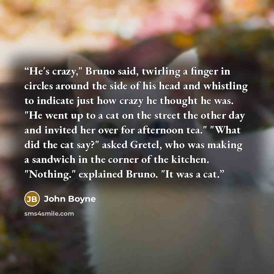 “He's crazy," Bruno said, twirling a finger in circles around the side of his head and whistling to indicate just how crazy he thought he was. "He went up to a cat on the street the other day and invited her over for afternoon tea." "What did the cat say?" asked Gretel, who was making a sandwich in…” quote by John Boyne