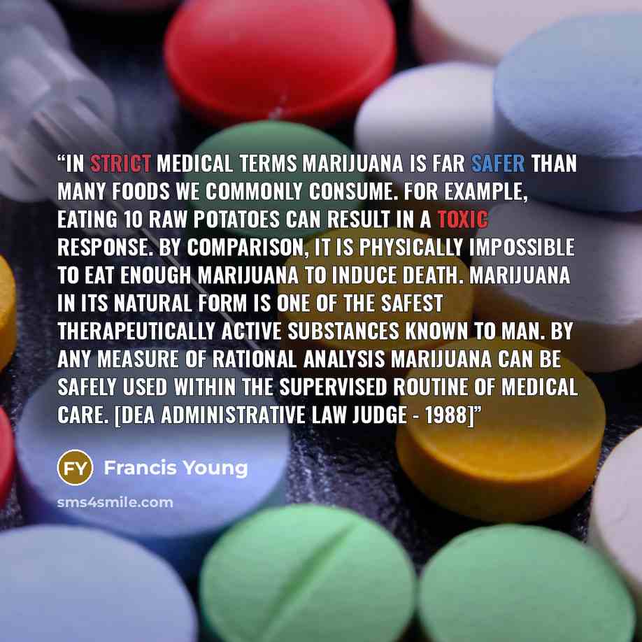 “In strict medical terms marijuana is far safer than many foods we commonly consume. For example, eating 10 raw potatoes can result in a toxic response. By comparison, it is physically impossible to eat enough marijuana to induce death. Marijuana in its natural form is one of the safest…” quote by Francis Young